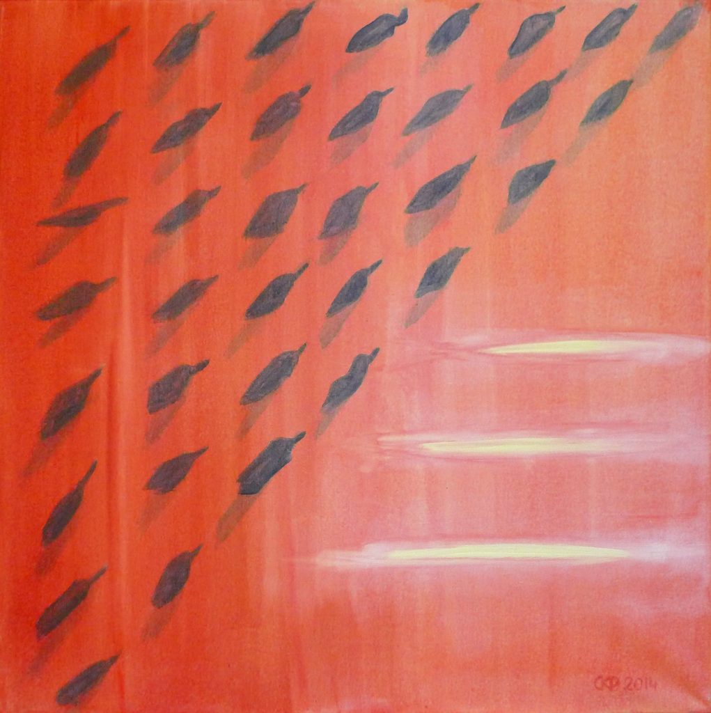 Acrylic painting on canvas titled Red Landscape from 2014, dimensions 70x70 cm, by Danuta Krajewska-Pietrasik.
