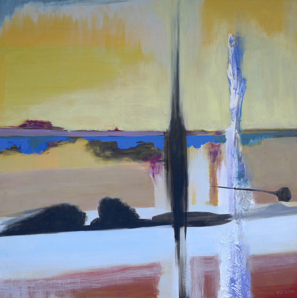 Acrylic painting on canvas titled The Meeting 1 from 2014, dimensions 100x100 cm, by Danuta Krajewska-Pietrasik.