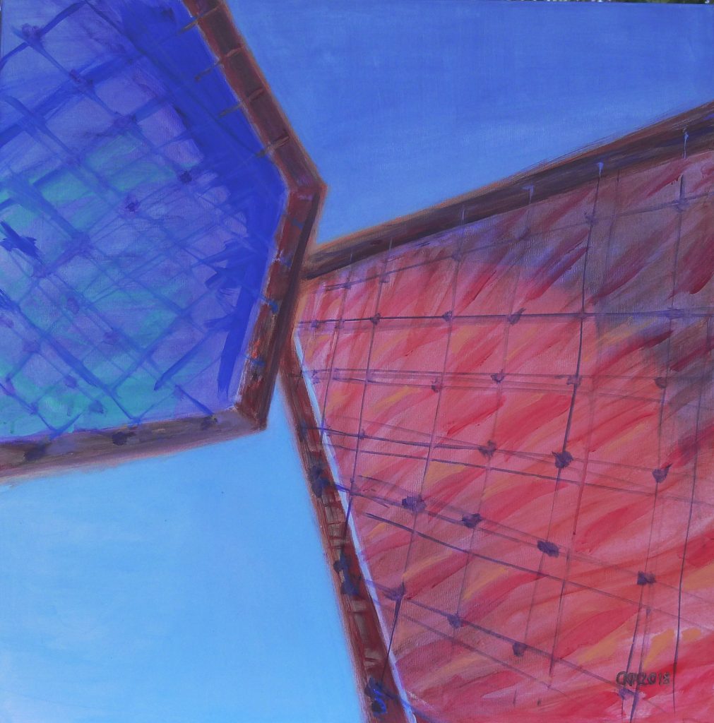 Acrylic painting on canvas titled Warsaw from 2018, dimensions 70x70 cm, by Danuta Krajewska-Pietrasik.