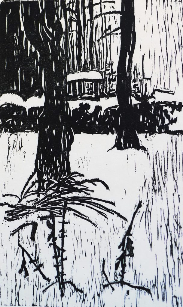 Woodcut print titled Winter in Ustronie from 2011, dimensions 29x17.5 cm, by Danuta Krajewska-Pietrasik.