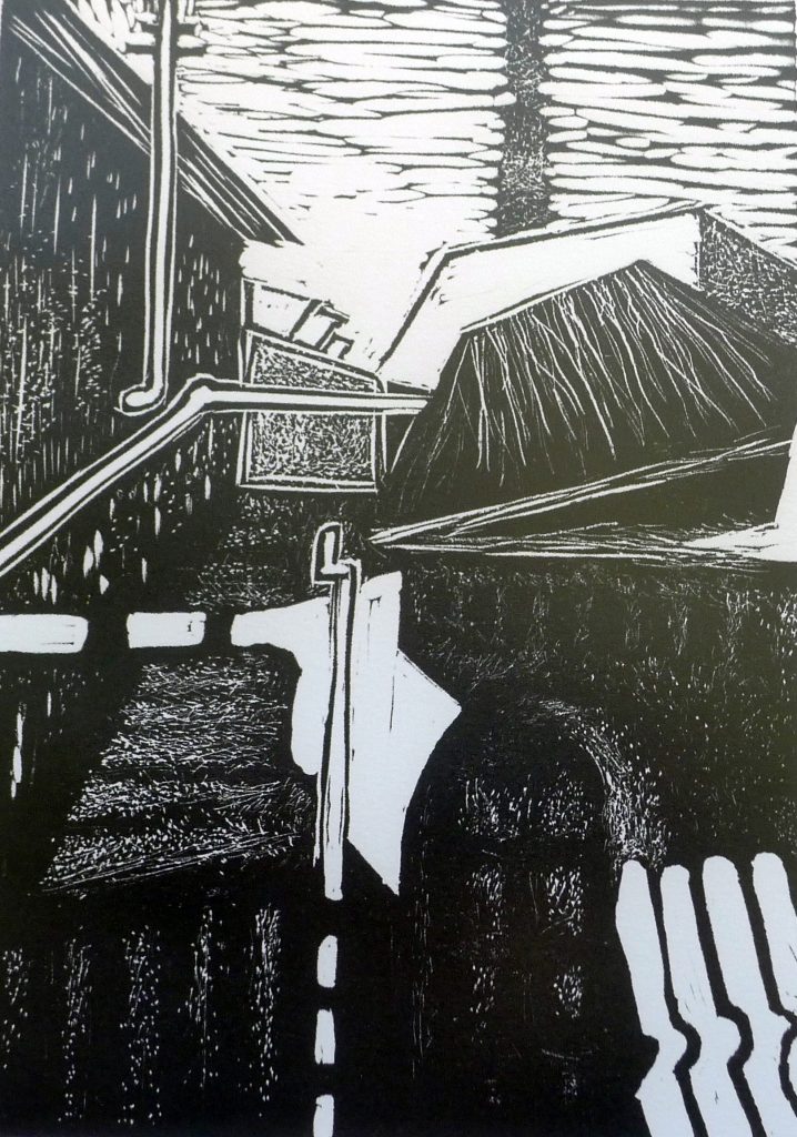 Linocut print titled Factory Łódź from 2015, dimensions 21x15 cm, by Danuta Krajewska-Pietrasik.