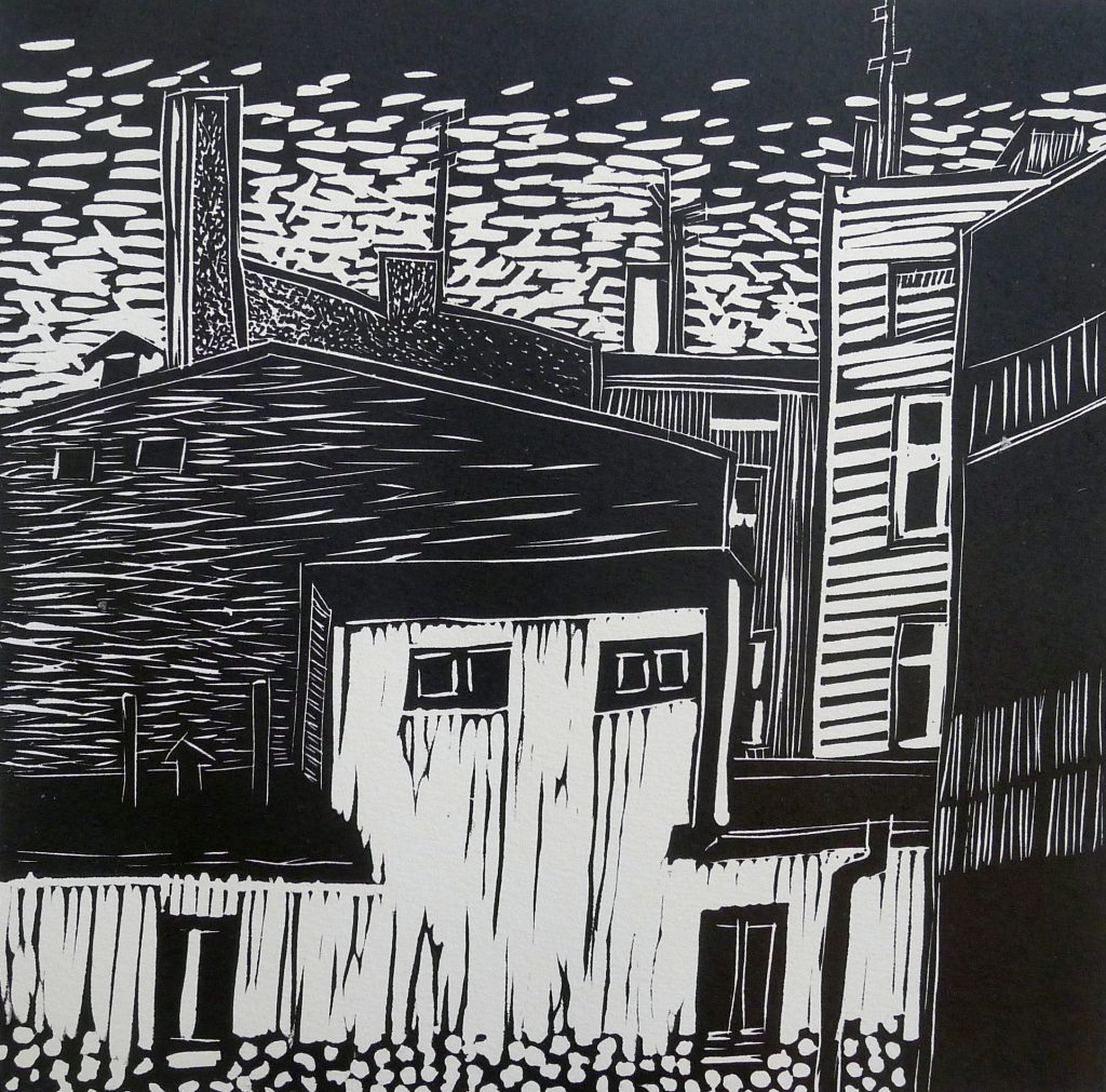 Linocut print titled Łódź 1 from 2016, dimensions 20x20 cm, by Danuta Krajewska-Pietrasik.