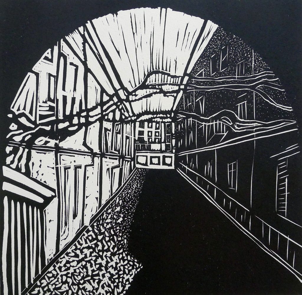 Linocut print titled Łódź 2 from 2016, dimensions 20x20 cm, by Danuta Krajewska-Pietrasik.