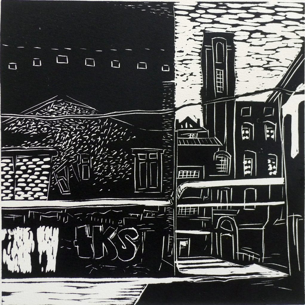 Linocut print titled Łódź 4 from 2018, dimensions 20x20 cm, by Danuta Krajewska-Pietrasik.