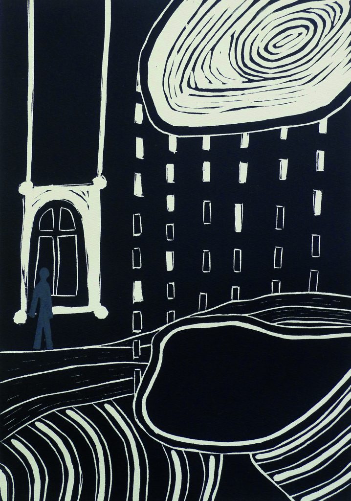 Linocut and stamp print titled Nitpicking from 2018, awarded 1st prize in the National Competition THEMERSONS STREET 5 in Płock, by Danuta Krajewska-Pietrasik.