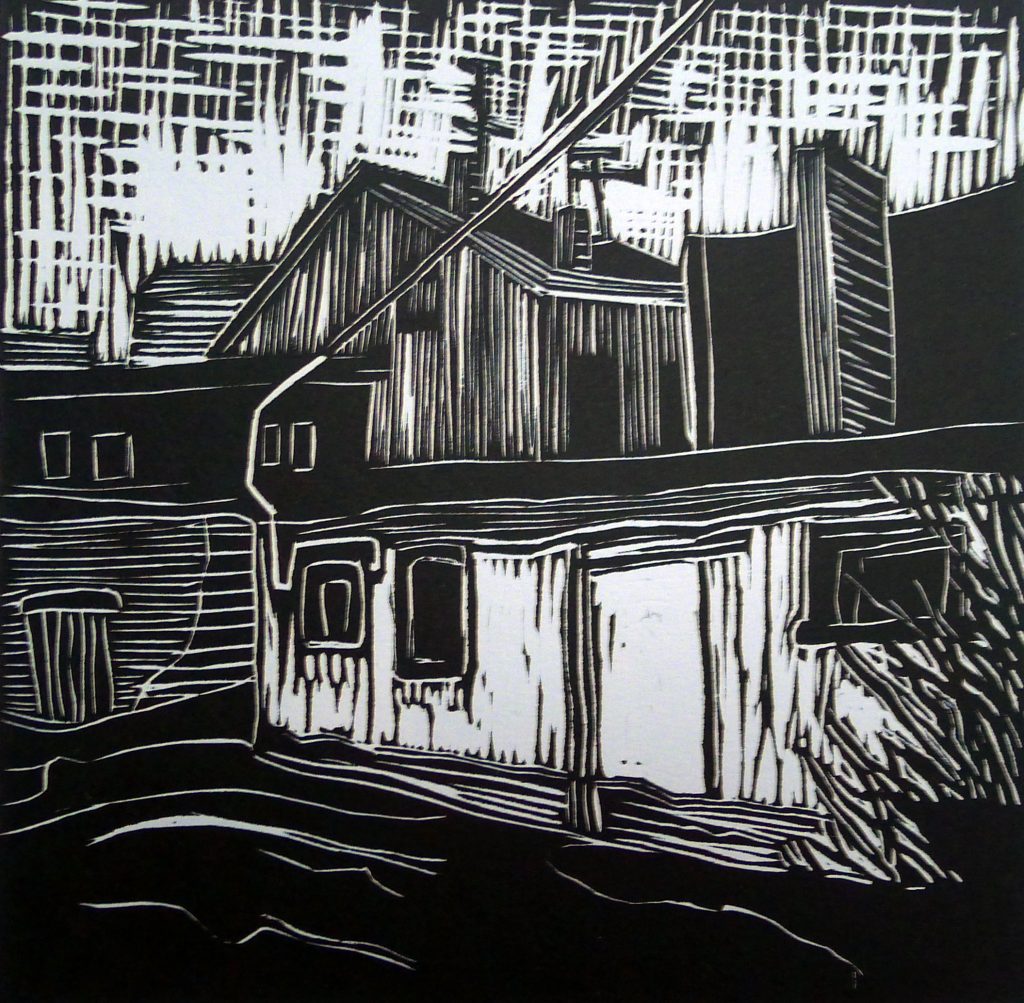 Linocut print titled Łódź 6 from 2020, dimensions 20x20 cm, by Danuta Krajewska-Pietrasik.