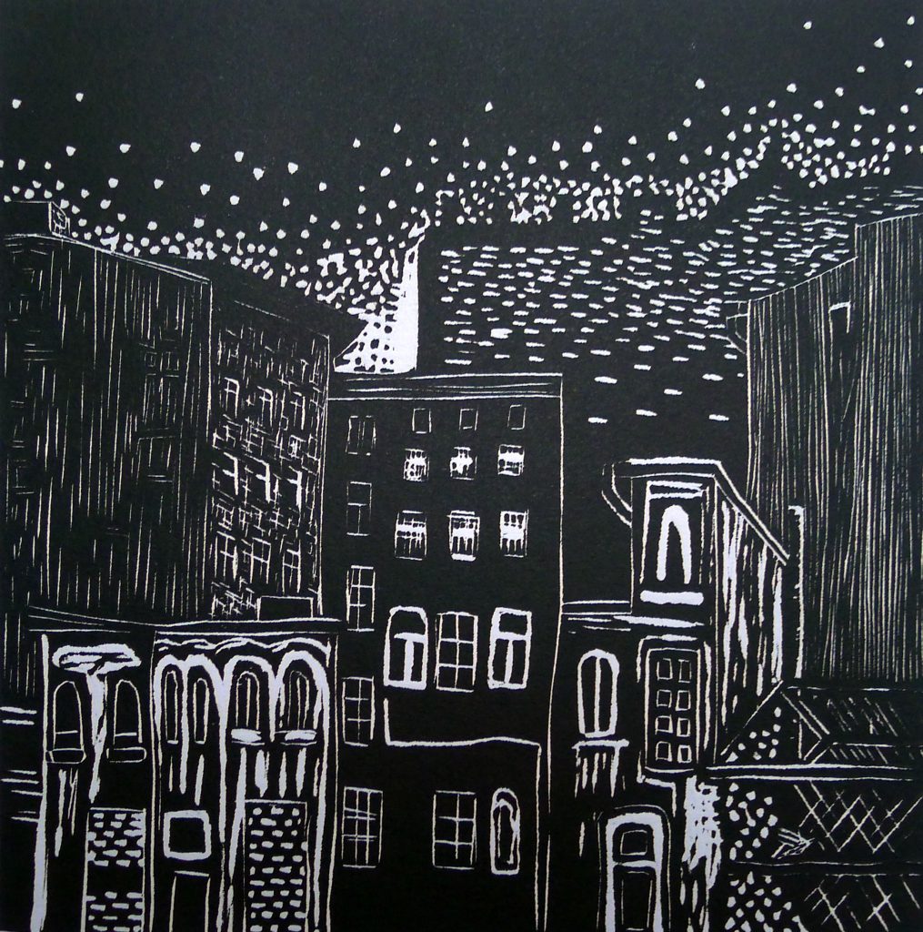 Linocut print titled Łódź 7 from 2020, dimensions 20x20 cm, by Danuta Krajewska-Pietrasik.