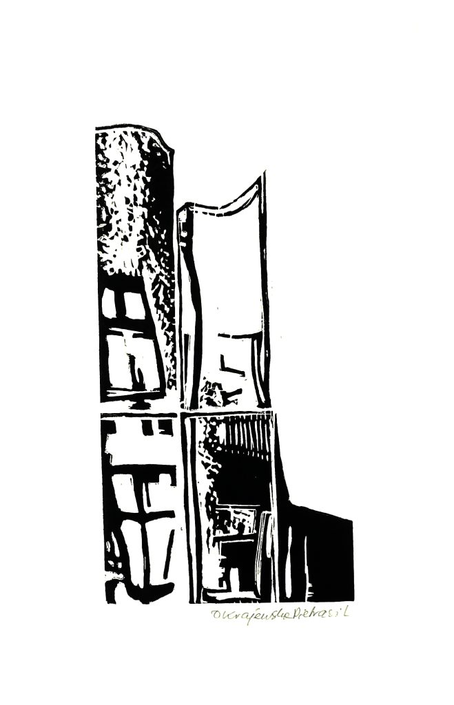 Linocut print titled Łódź Reflection I from 2025, dimensions 20x14 cm, by Danuta Krajewska-Pietrasik.