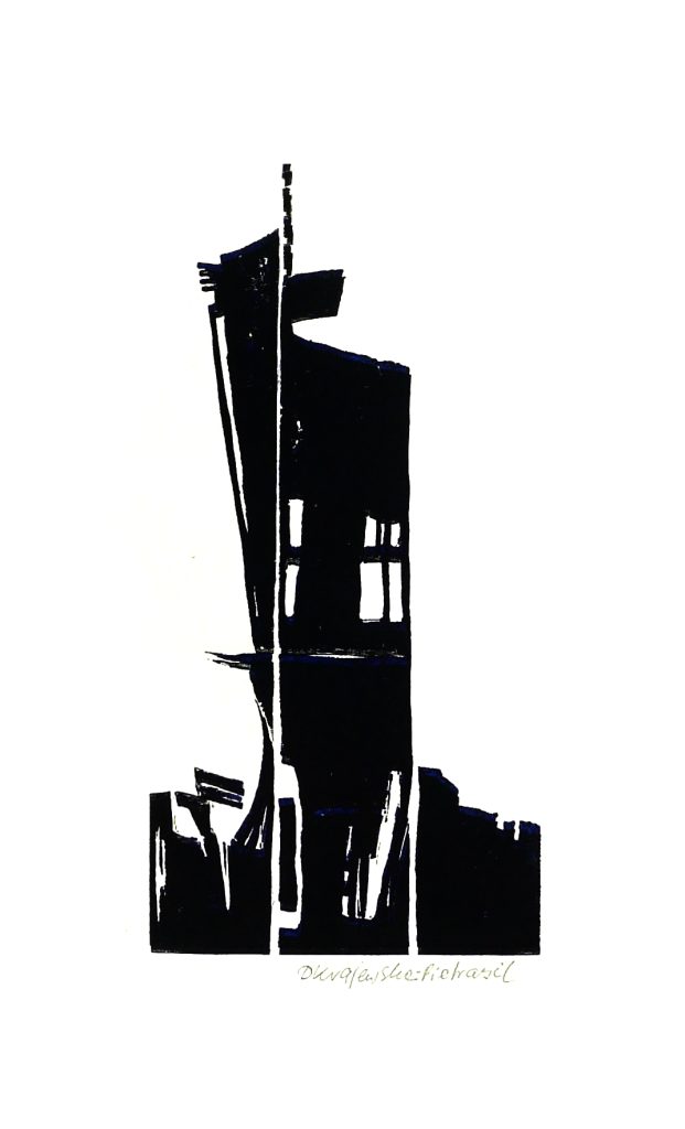 Linocut print titled Łódź Reflection II from 2025, dimensions 20x14 cm, by Danuta Krajewska-Pietrasik.