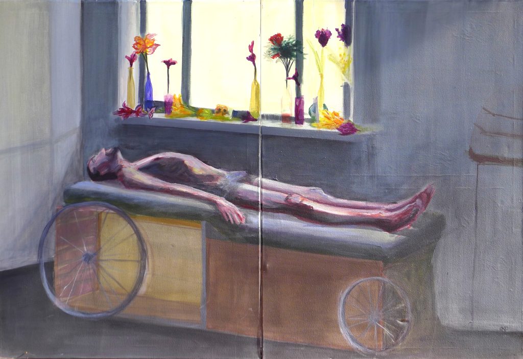Acrylic painting on canvas titled Painting Lesson from 2011, dimensions 80x120 cm, by Danuta Krajewska-Pietrasik.