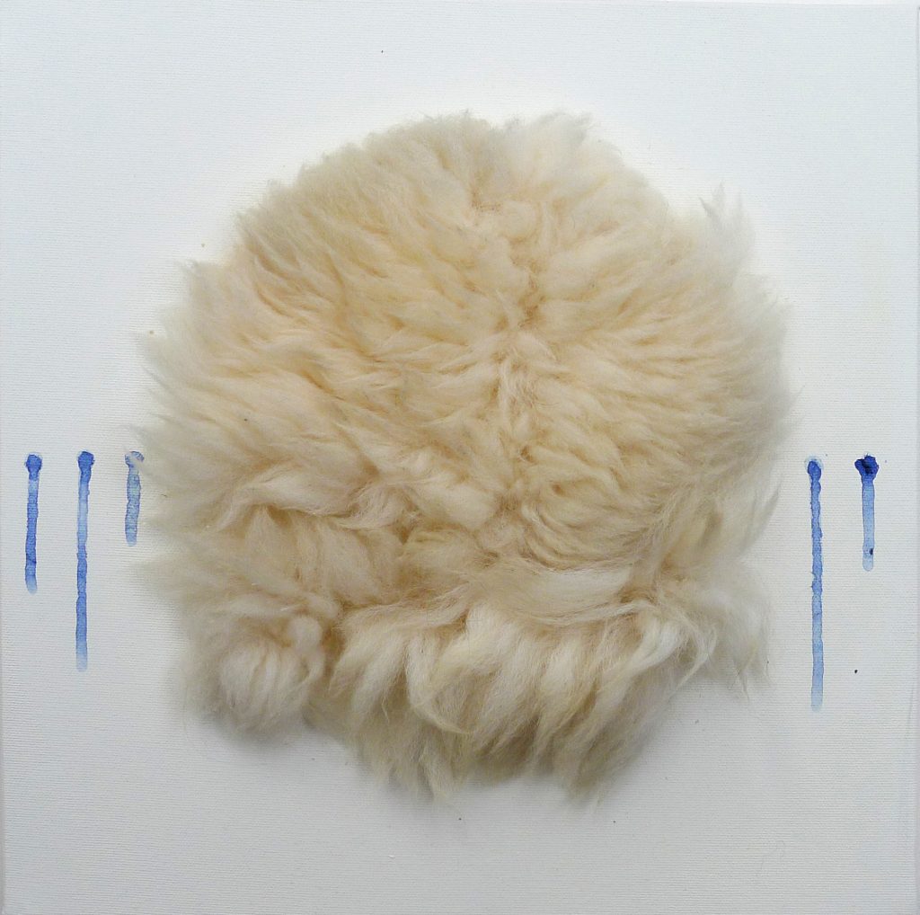 Spatial assemblage artwork titled Fatal error 2 from 2019, dimensions 40x40x5.5 cm, combining leather and acrylic on canvas, by Danuta Krajewska-Pietrasik.
