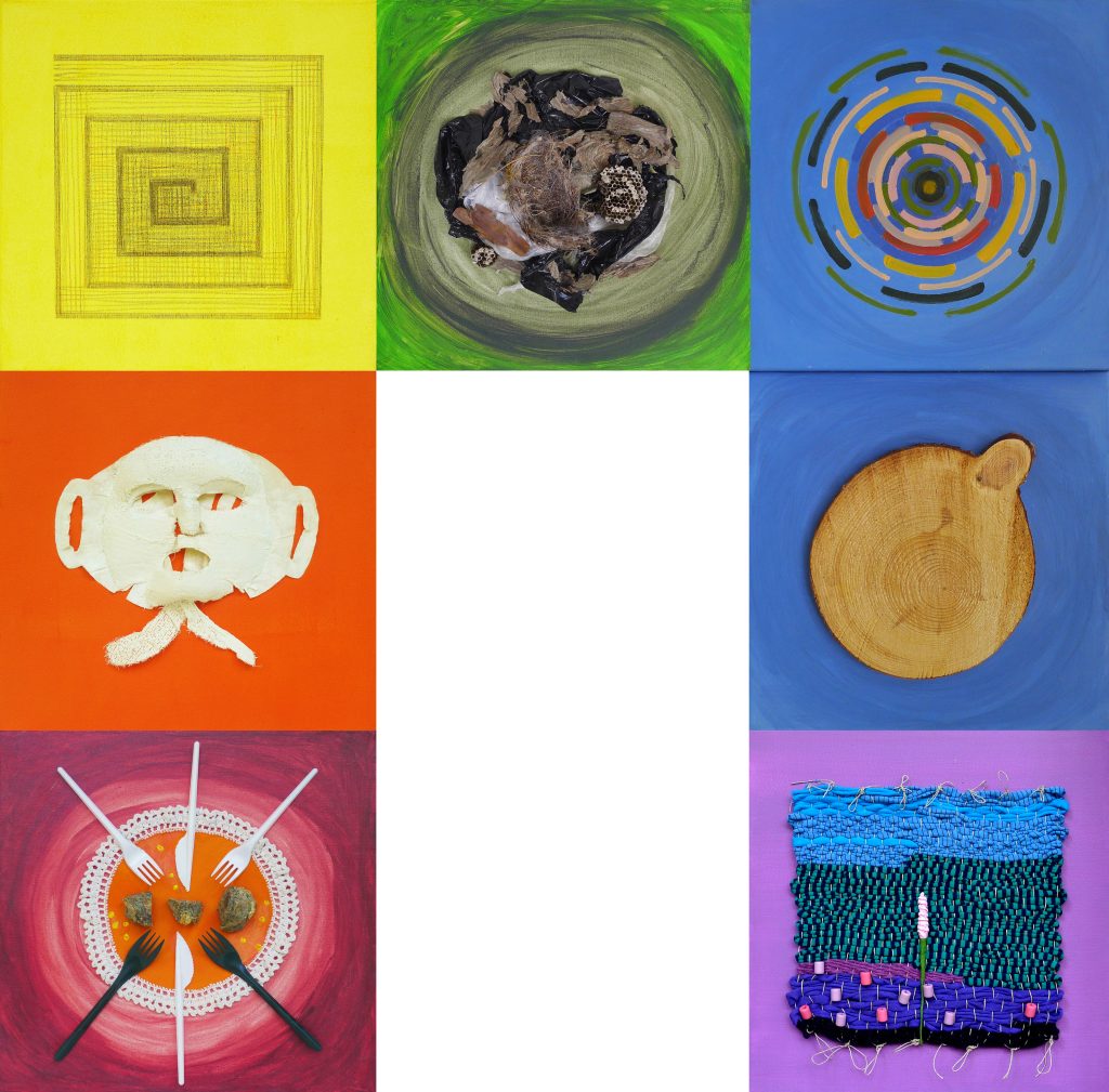 Large-scale assemblage on canvas titled Who Are We, Where Are We Going (after P. Gauguin) from 2020, dimensions 120x120x5 cm, by Danuta Krajewska-Pietrasik.
