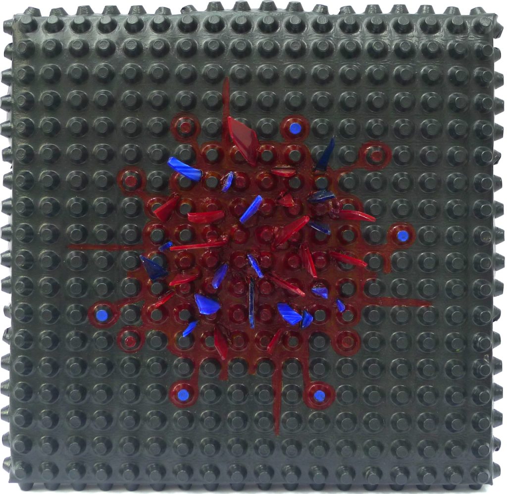 Three-dimensional assemblage artwork titled Fatal error 4 from 2021, dimensions 40x40x11 cm, using plastic, stained glass, and acrylic, by Danuta Krajewska-Pietrasik.