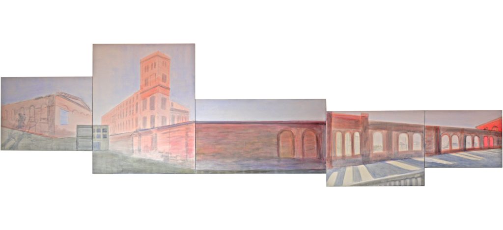 Acrylic painting on canvas in polyptych form titled Łódź Colosseum from 2012, consisting of five parts of various dimensions, by Danuta Krajewska-Pietrasik.