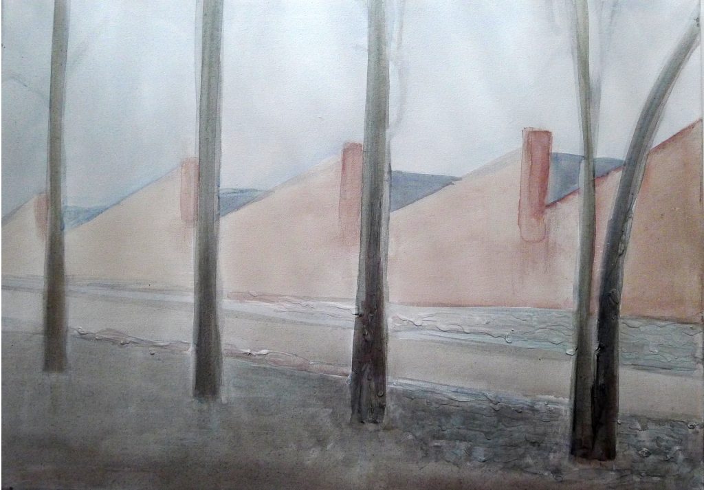 Acrylic painting on canvas titled Nowe Sady from 2012, dimensions 50x70 cm, by Danuta Krajewska-Pietrasik.