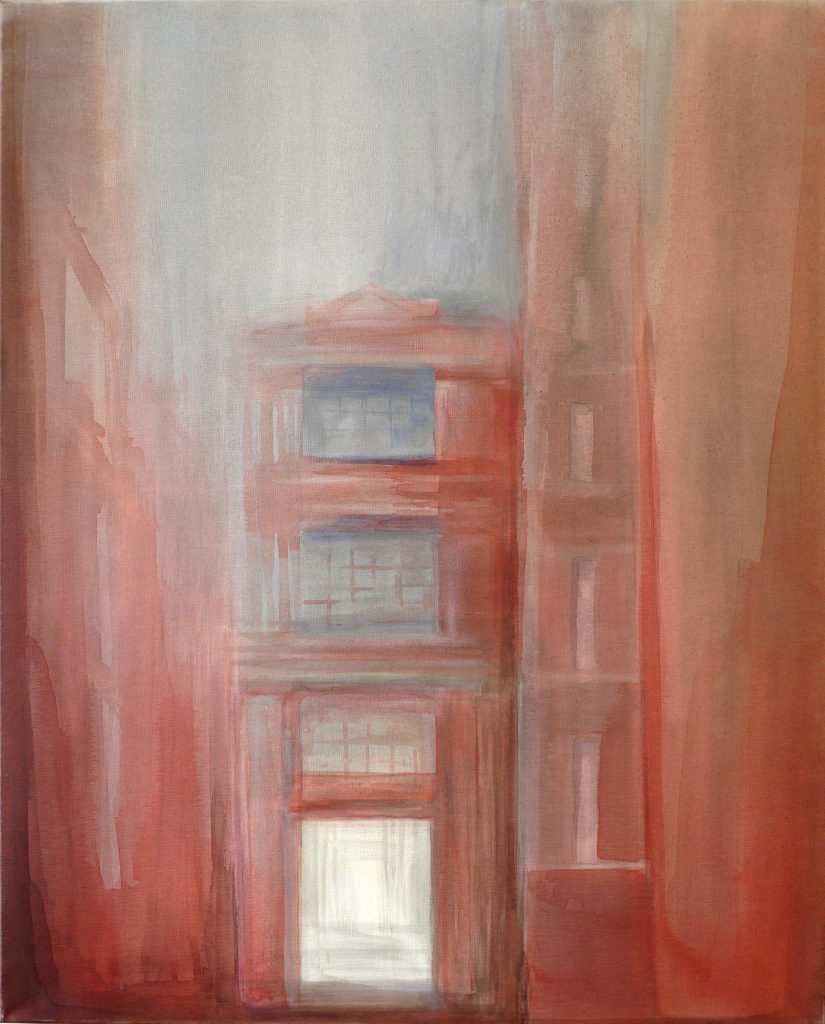 Acrylic painting on canvas titled Off Piotrkowska 1 from 2013, dimensions 100x100 cm, by Danuta Krajewska-Pietrasik.
