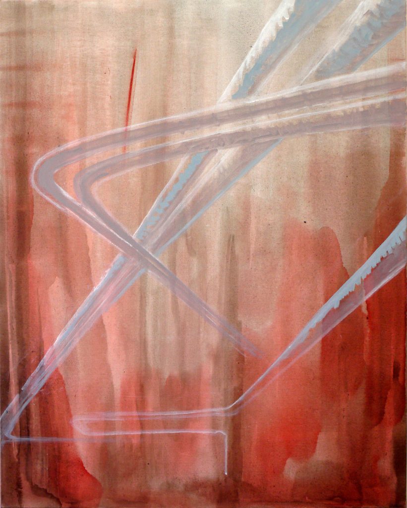 Acrylic painting on canvas titled Off Piotrkowska 2 from 2013, dimensions 100x100 cm, by Danuta Krajewska-Pietrasik.
