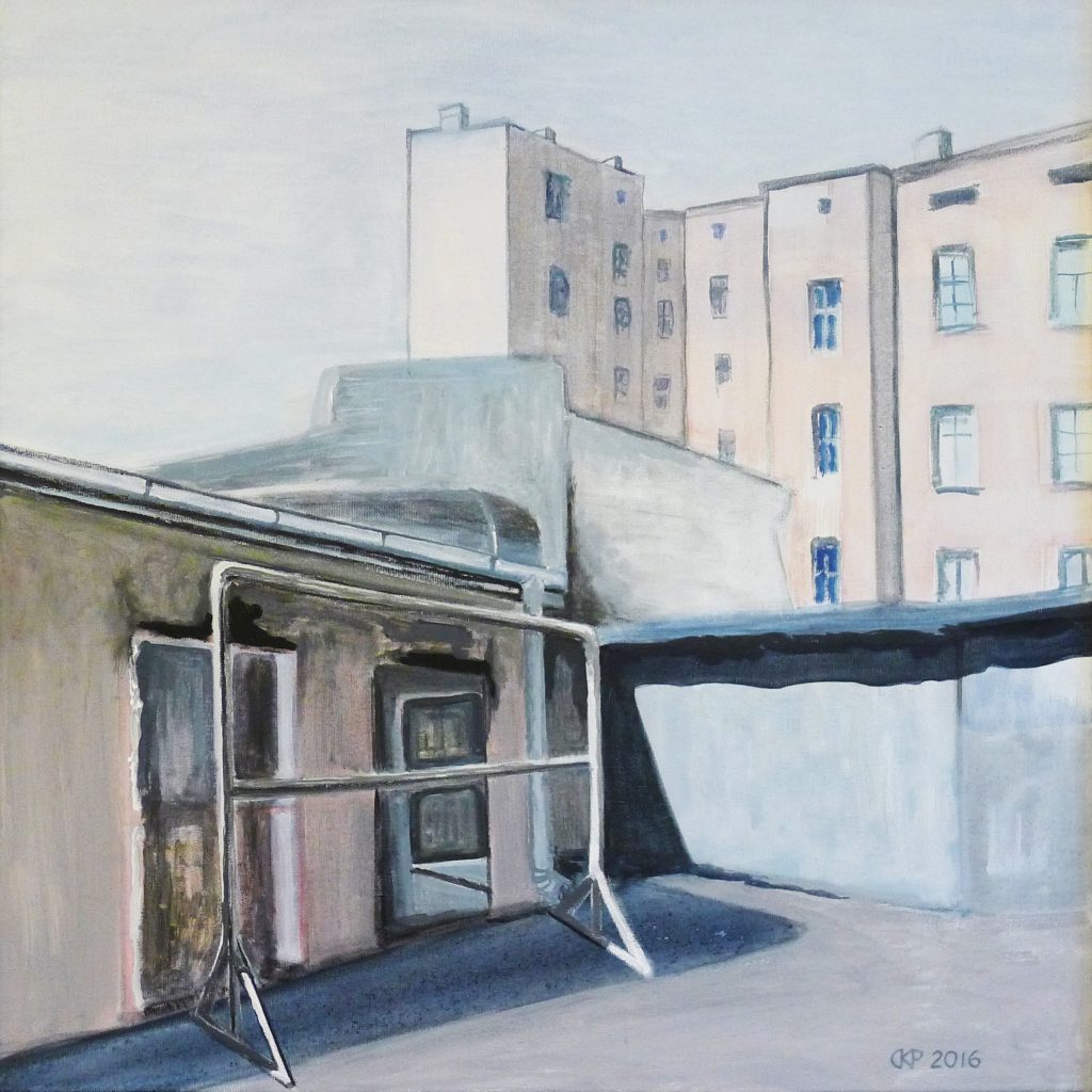 Acrylic painting on canvas titled Bałuty from 2016, dimensions 70x70 cm, by Danuta Krajewska-Pietrasik.