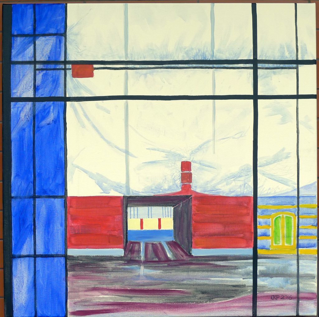 Acrylic painting on canvas titled Łódź from the Perspective of Piet Mondrian 1 from 2016, dimensions 70x70 cm, by Danuta Krajewska-Pietrasik.