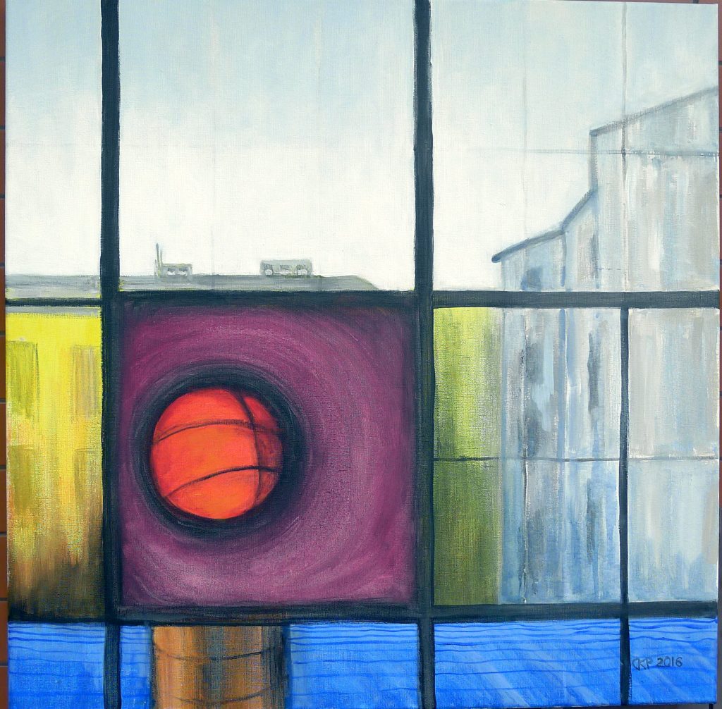 Acrylic painting on canvas titled Łódź from the Perspective of Piet Mondrian 3 from 2016, dimensions 70x70 cm, by Danuta Krajewska-Pietrasik.