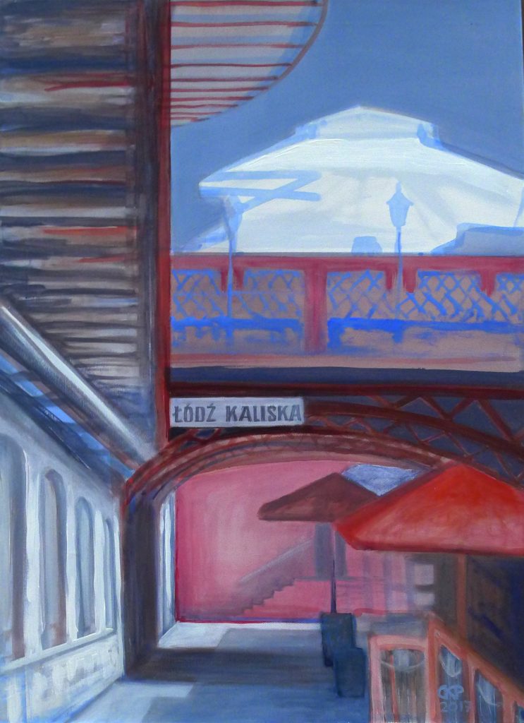 Acrylic painting on canvas titled Łódź Kaliska from 2017, dimensions 70x50 cm, by Danuta Krajewska-Pietrasik.