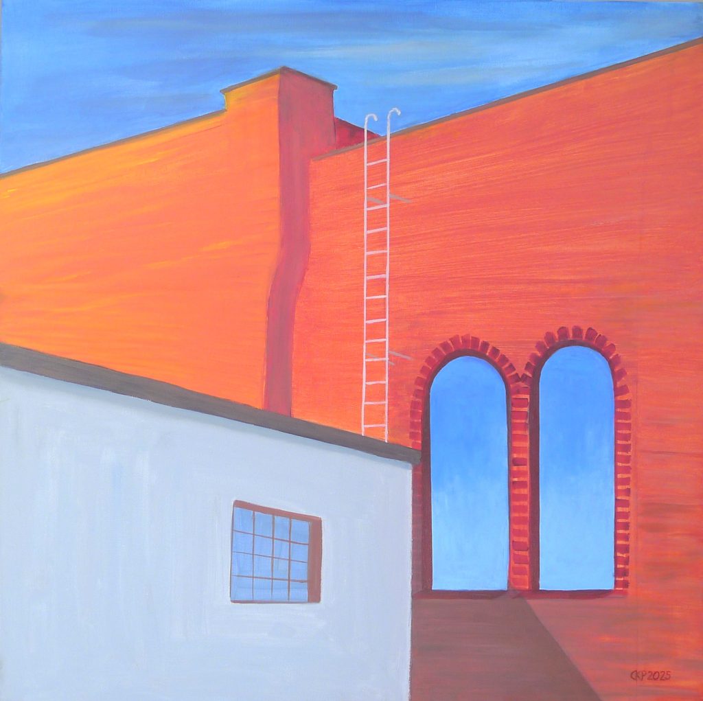 Acrylic painting on canvas titled The Once – Textile City... from 2025, dimensions 100x100 cm, by Danuta Krajewska-Pietrasik.
