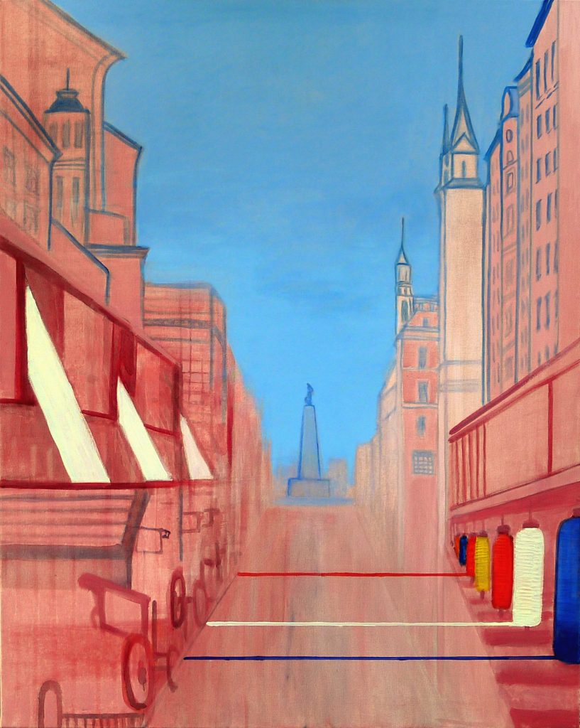 Acrylic painting on canvas titled Warp and Weft from 2025, awarded an Honorable Mention in the Voivodeship Painting Competition PROMISED... REYMONT INSPIRATIONS in Łódź, dimensions 100x81 cm, by Danuta Krajewska-Pietrasik.