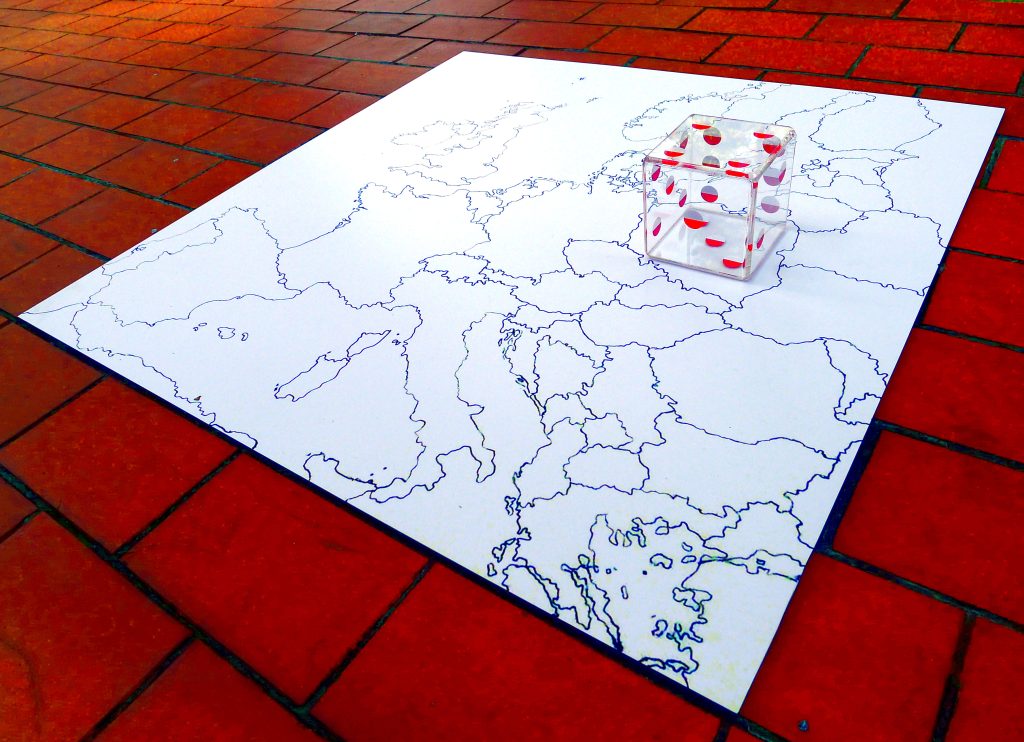 Artwork object titled Playing Patriotism from 2014, dimensions 100x100x13 cm, made of plastic and paper, by Danuta Krajewska-Pietrasik.