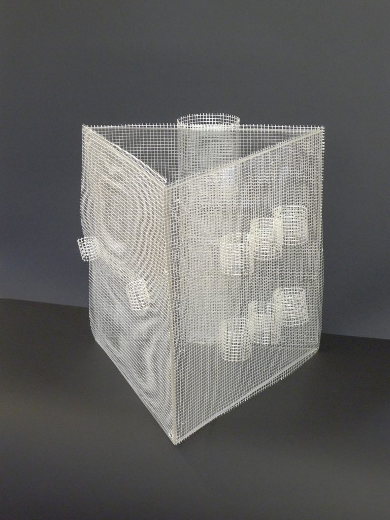 Three-dimensional object titled Universal Dice for Playing Past Present Future from 2024, dimensions 40x40x40 cm, made of plastic, by Danuta Krajewska-Pietrasik.