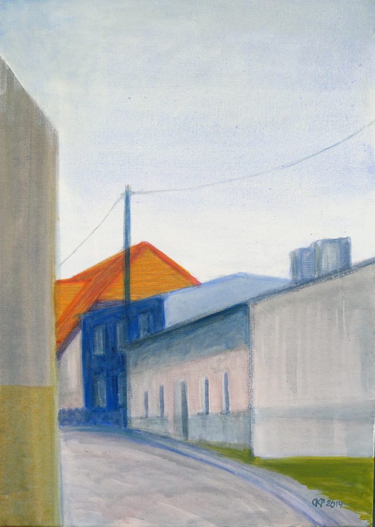 Acrylic painting on canvas titled Górzno III from 2014, dimensions 70x50 cm, by Danuta Krajewska-Pietrasik.