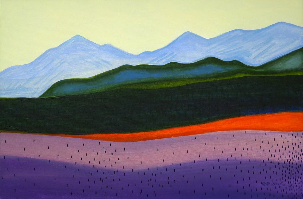 Acrylic painting on canvas titled Tatry Mountains in Crocuses I from 2022, dimensions 40x60 cm, by Danuta Krajewska-Pietrasik.
