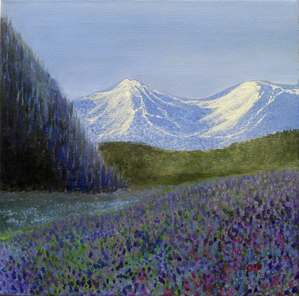 Acrylic painting on canvas titled Spring in the Tatry Mountains from 2023, dimensions 40x40 cm, by Danuta Krajewska-Pietrasik.