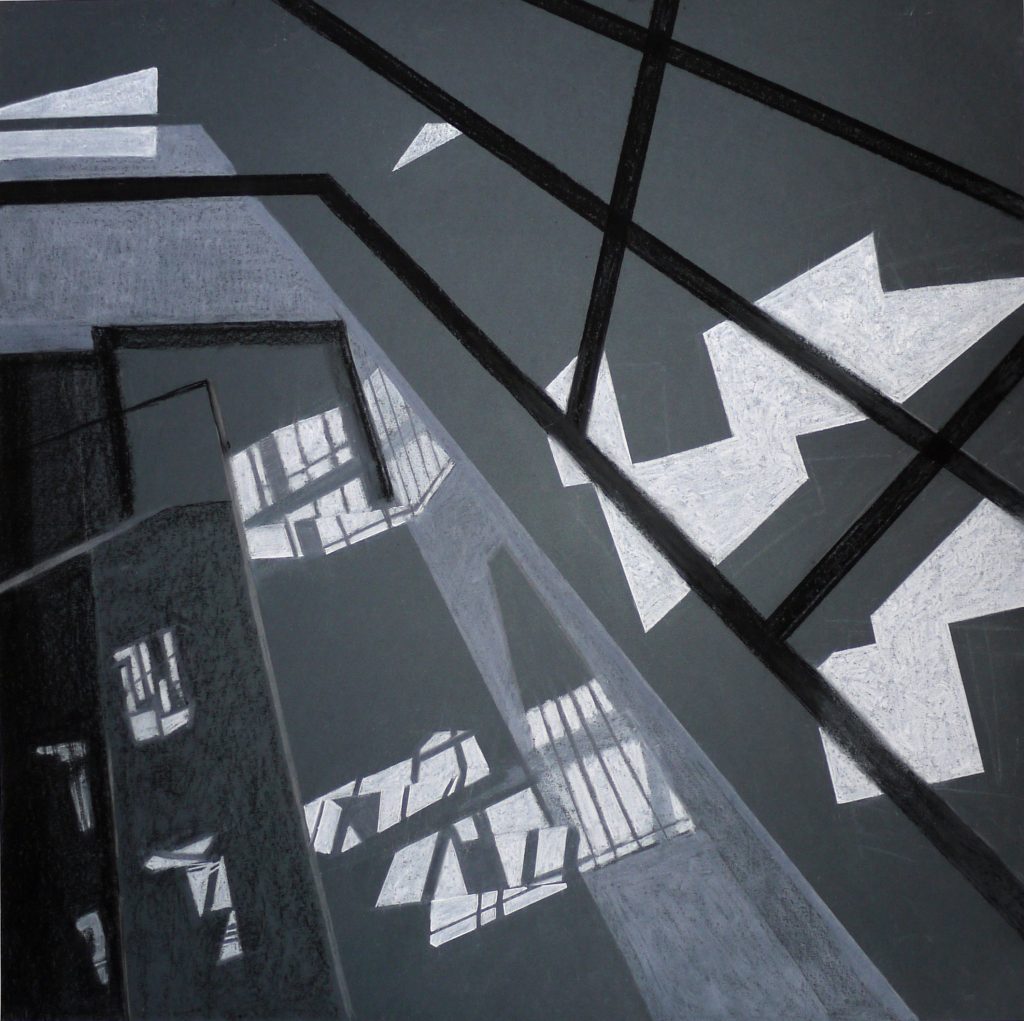 Dry pastel drawing on paper titled Composition III Staircase Franciszkańska 76 from 2012, dimensions 70x70 cm, by Danuta Krajewska-Pietrasik.