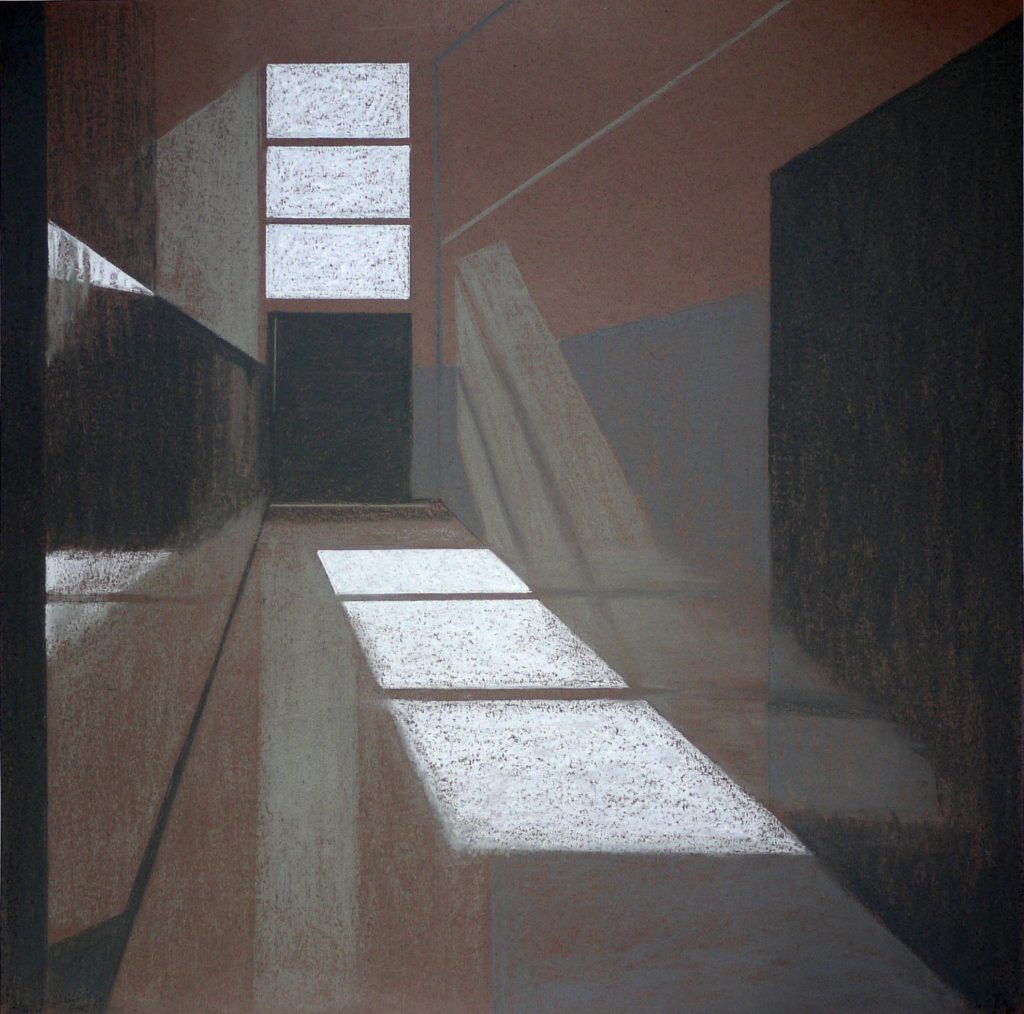 Dry pastel drawing on paper titled Composition V Corridor Nowe Sady 10 from 2012, dimensions 70x70 cm, by Danuta Krajewska-Pietrasik.