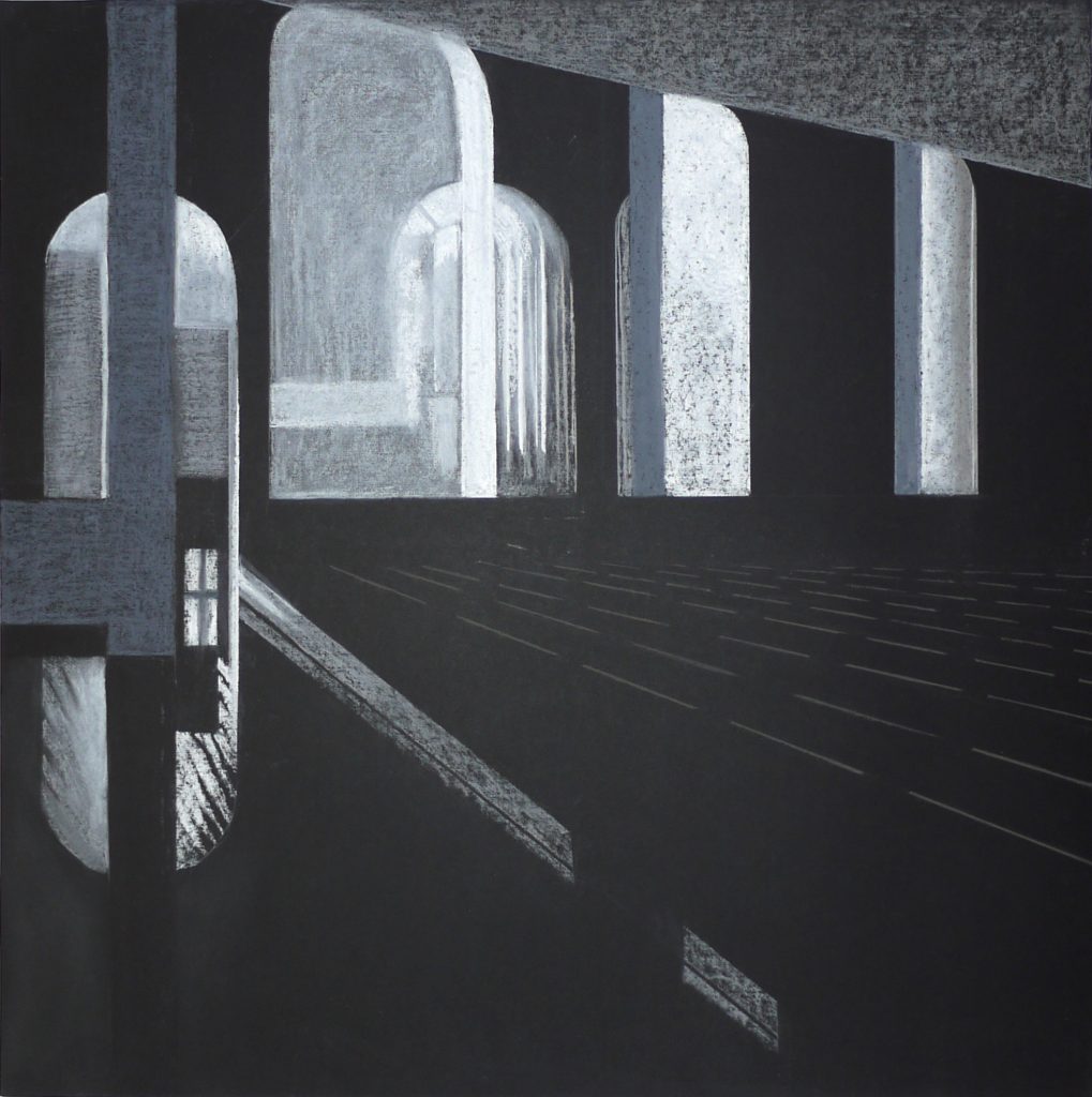Dry pastel drawing on paper titled Composition VI Manufaktura from 2012, dimensions 70x70 cm, by Danuta Krajewska-Pietrasik.