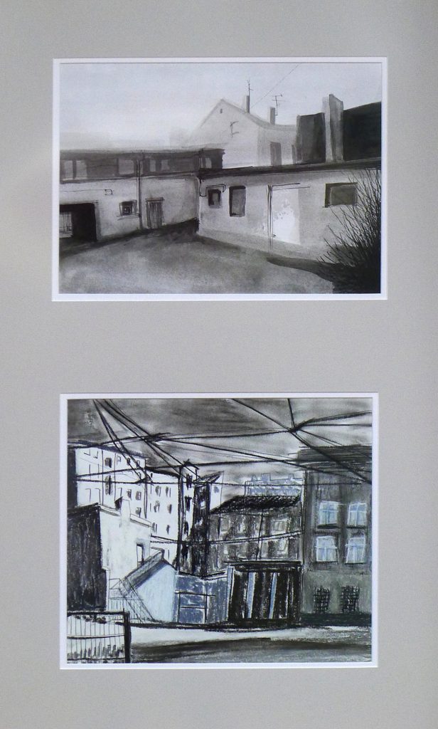 Artwork awarded 2nd Prize in the Art Techniques on Paper Competition in Łódź titled Łódź II Diptych from 2012, consisting of an ink part (27x37 cm) and a dry pastel part (31x35 cm), by Danuta Krajewska-Pietrasik.