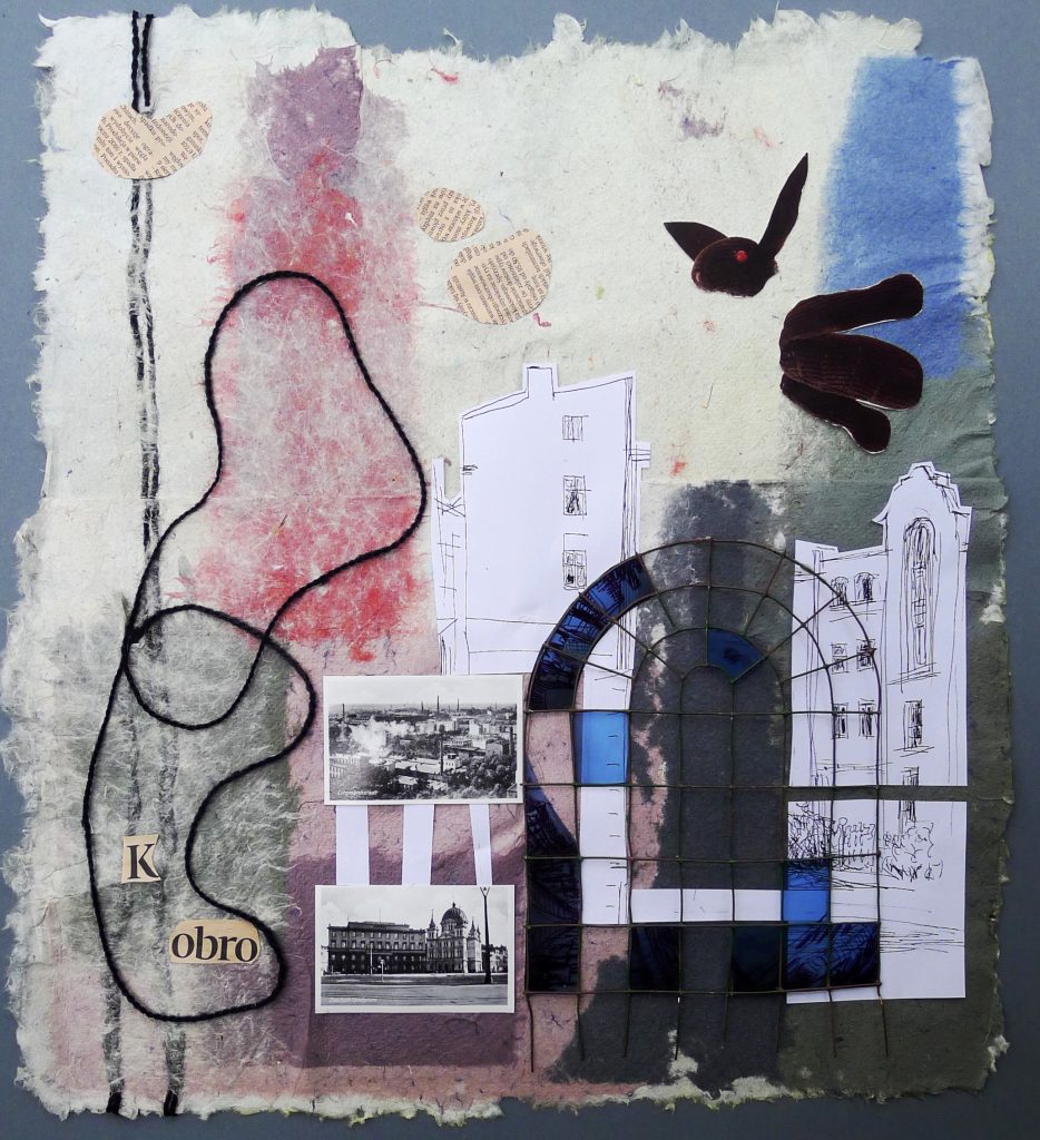 Mixed media collage artwork titled Włókiennicza and Avant-garde from 2014, dimensions 59x49 cm, using wool, wire, plexiglass, and various types of paper, by Danuta Krajewska-Pietrasik.