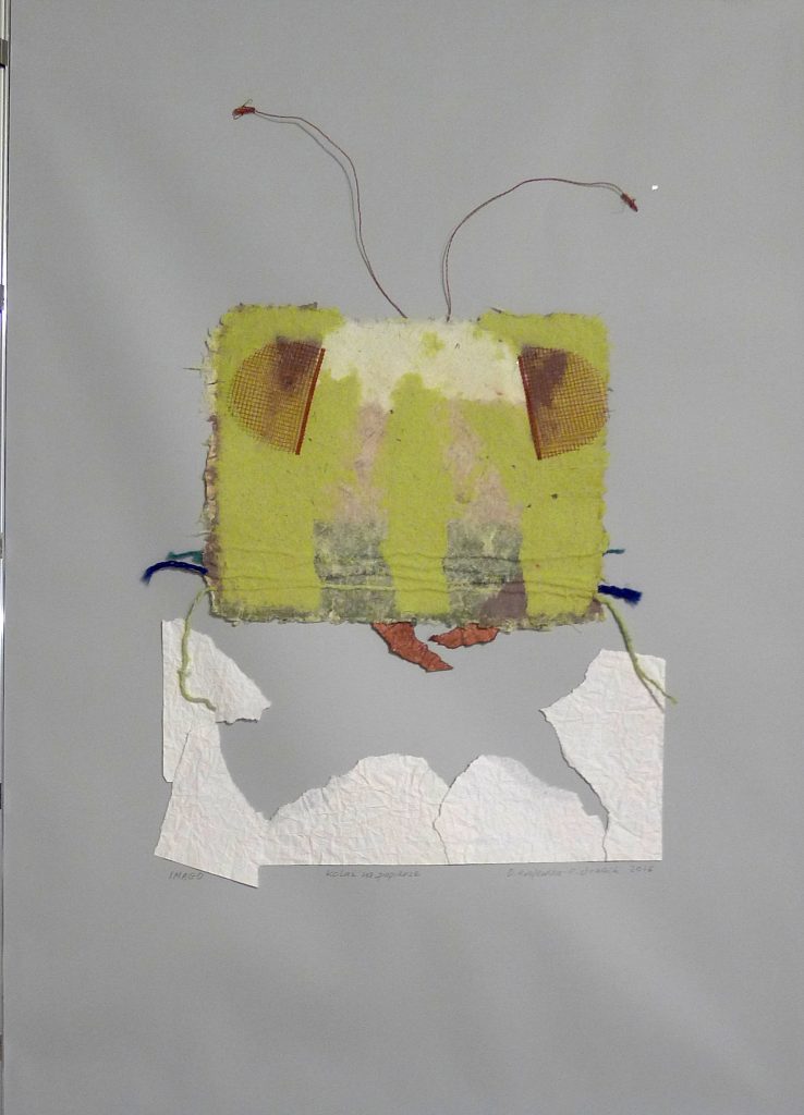Mixed media collage artwork titled Imago from 2016, dimensions 85x60 cm, using paper, wire, plastic, and wool, by Danuta Krajewska-Pietrasik.