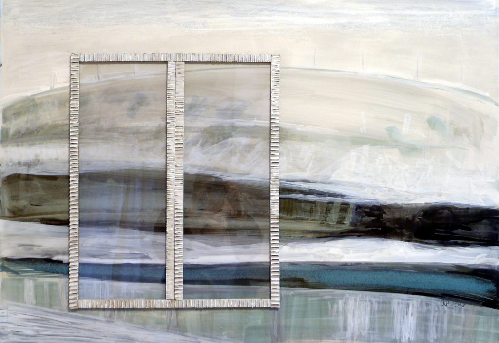 Collage artwork titled Vision from 2017, honored with an honorable mention in the National Competition POEM + PICTURE in Sopot, dimensions 70x100 cm, by Danuta Krajewska-Pietrasik.