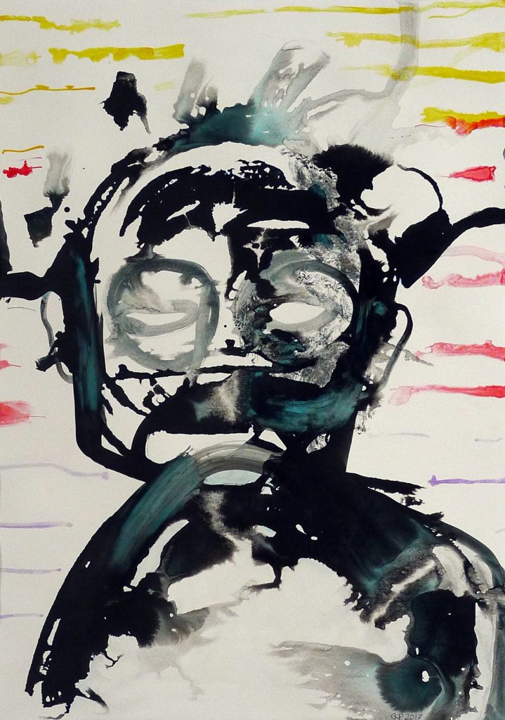 Ink drawing on paper titled Cry for Help from 2017, dimensions 68x48 cm, by Danuta Krajewska-Pietrasik.
