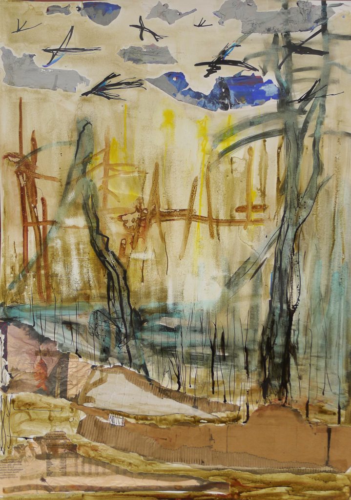 Collage artwork titled There Was a Forest from 2018, awarded 1st prize in the National Competition NATURE OF MY SURROUNDINGS in Zielona Góra, dimensions 70x50 cm, by Danuta Krajewska-Pietrasik.