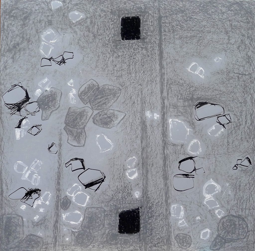 Mixed media artwork on paper (ink, oil pastel, acrylic) titled Composition IX from 2018, dimensions 70x70 cm, by Danuta Krajewska-Pietrasik.