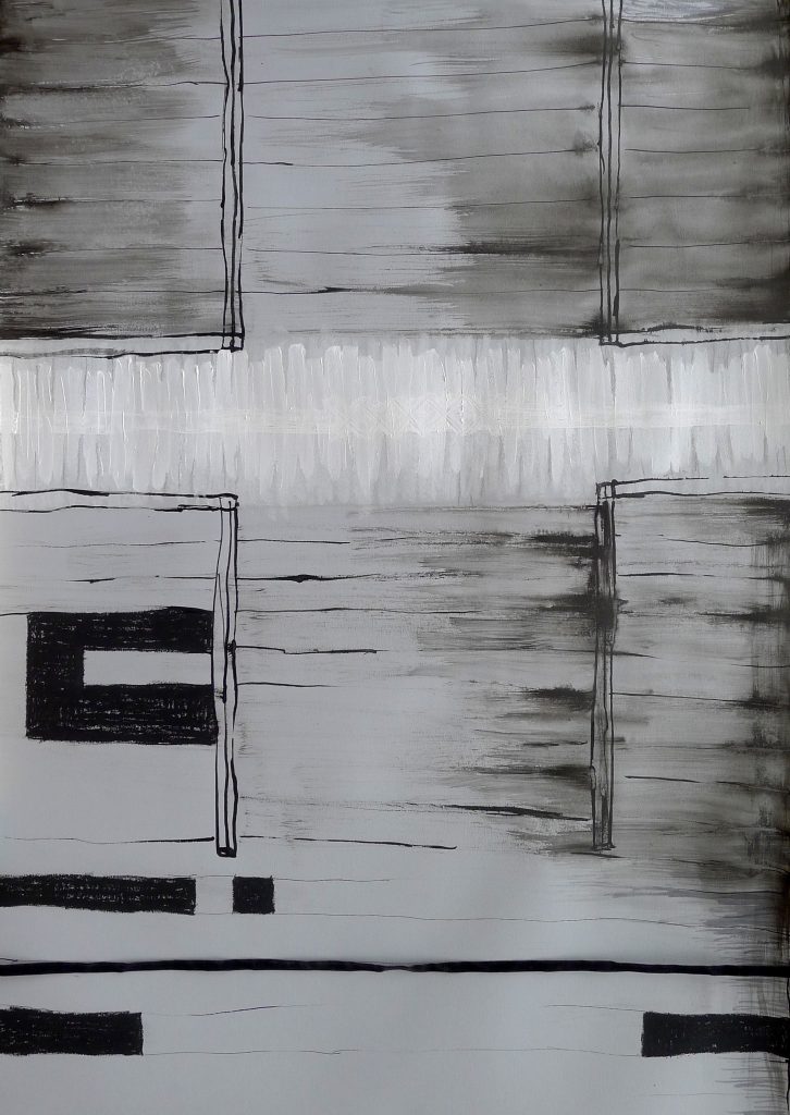 Oil pastel and acrylic artwork on paper titled Composition VI from 2018, dimensions 100x70 cm, by Danuta Krajewska-Pietrasik.