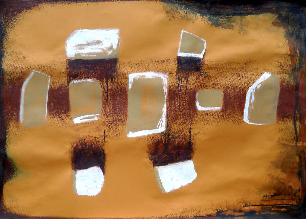 Mixed media painting on canvas titled Composition VII from 2018, dimensions 70x100 cm, by Danuta Krajewska-Pietrasik.