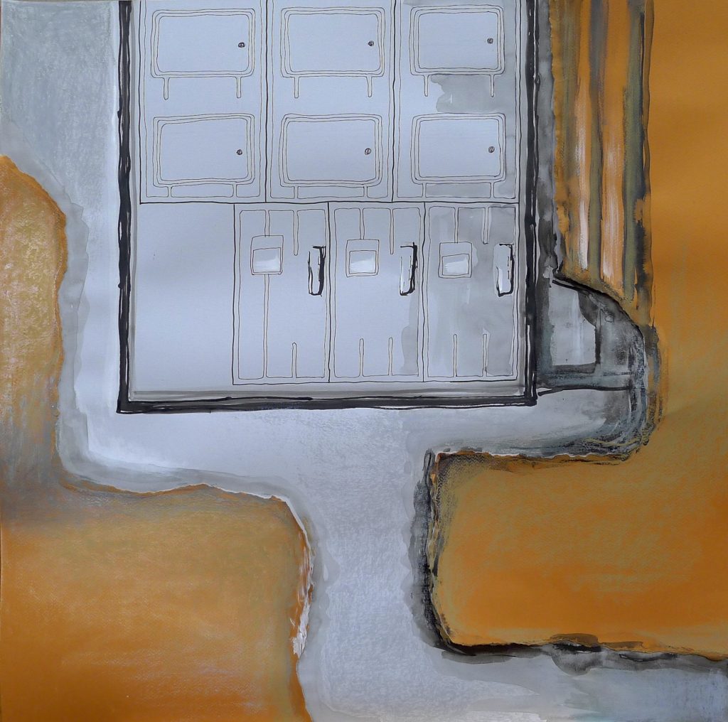 Ink and oil pastel artwork on paper titled Composition VIII from 2018, dimensions 70x70 cm, by Danuta Krajewska-Pietrasik.