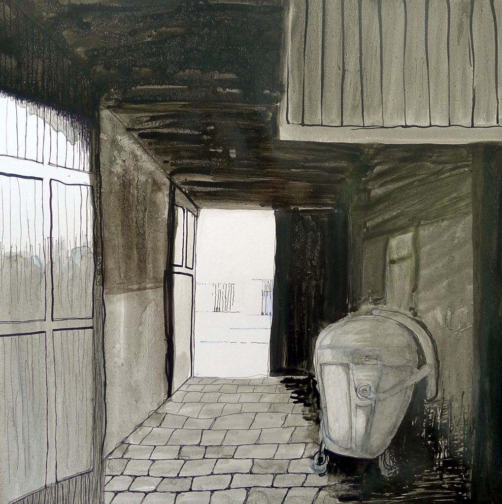 Artwork on paper (ink, ink, and pencil) titled Somewhere in Bałuty from 2025, dimensions 50x50 cm, by Danuta Krajewska-Pietrasik.
