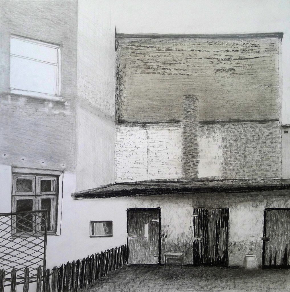 Artwork on paper (pencil and pastel) titled 10 Złota Street, Part of the Yard from 2025, dimensions 50x50 cm, by Danuta Krajewska-Pietrasik.