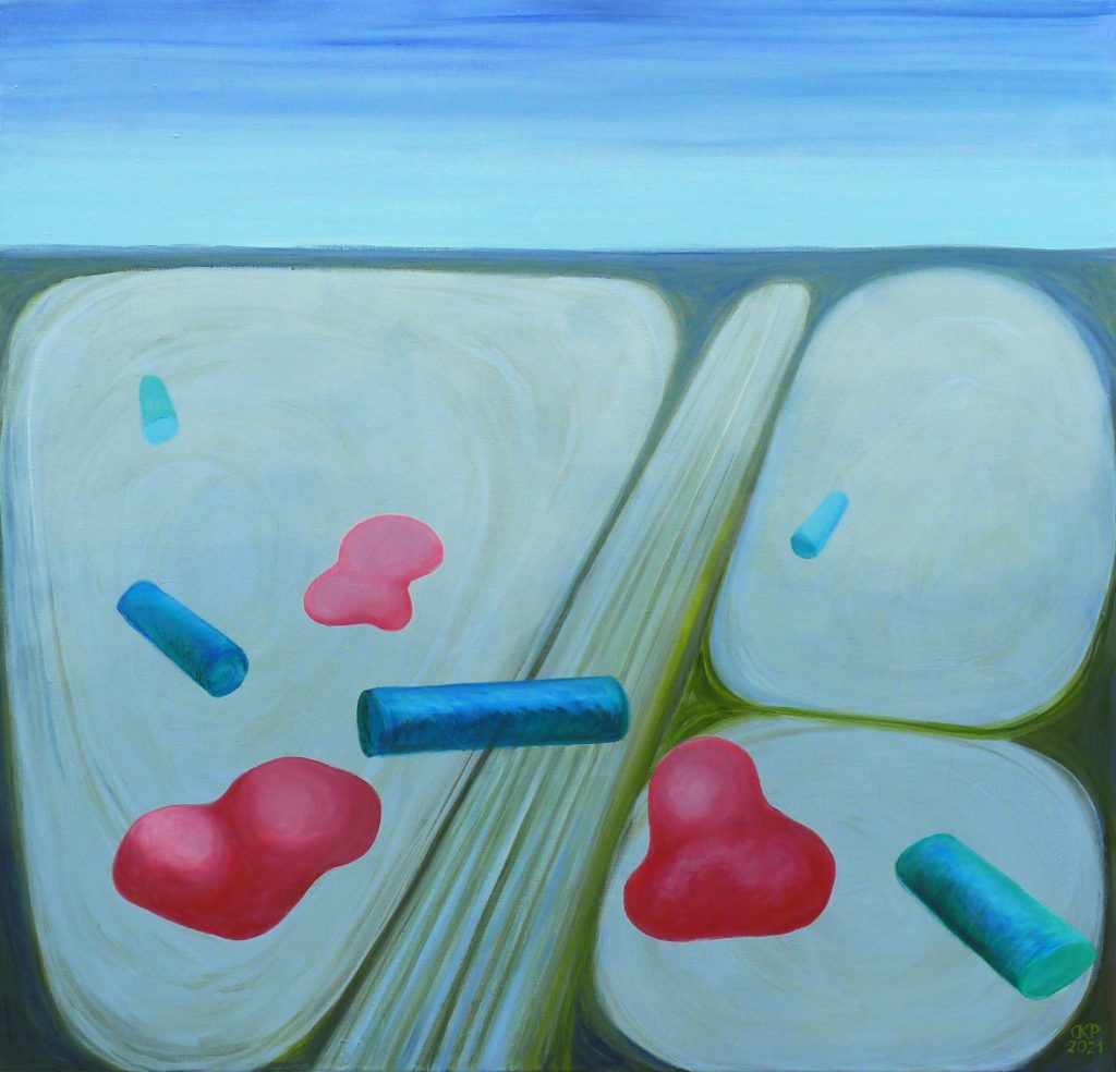 Acrylic painting on canvas titled Adagio from 2021, dimensions 100x100 cm, by Danuta Krajewska-Pietrasik.